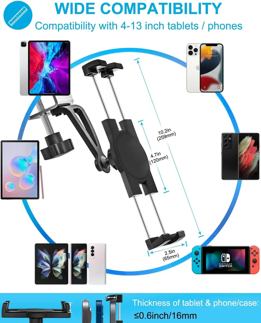 Support tablette cuisine à pince aluminium