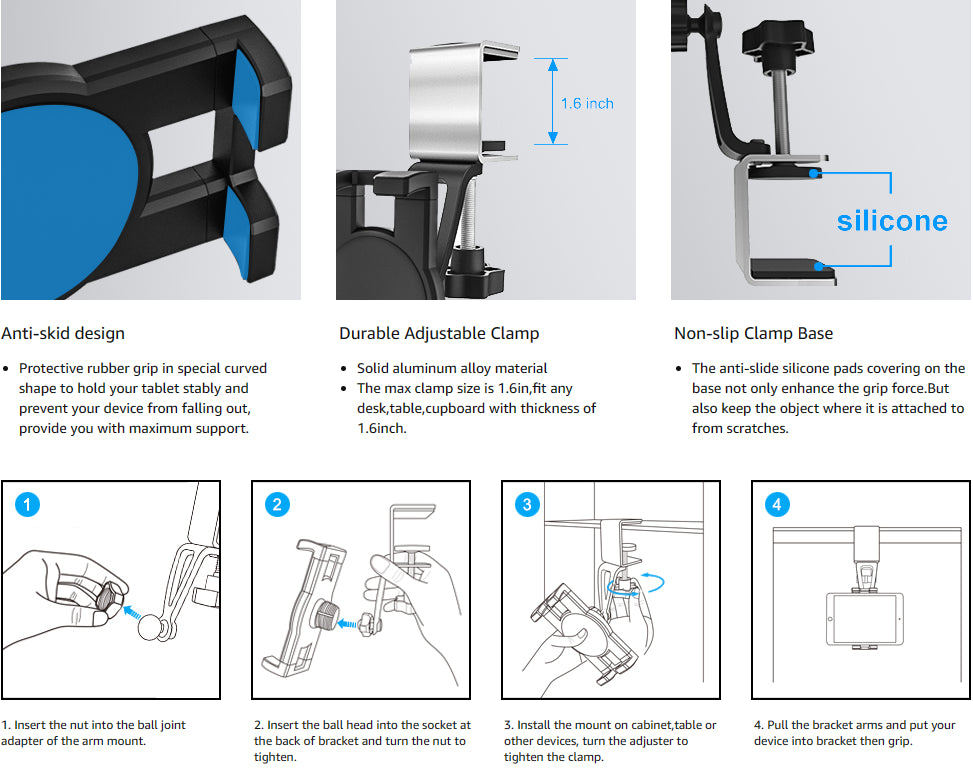Support tablette cuisine à pince aluminium